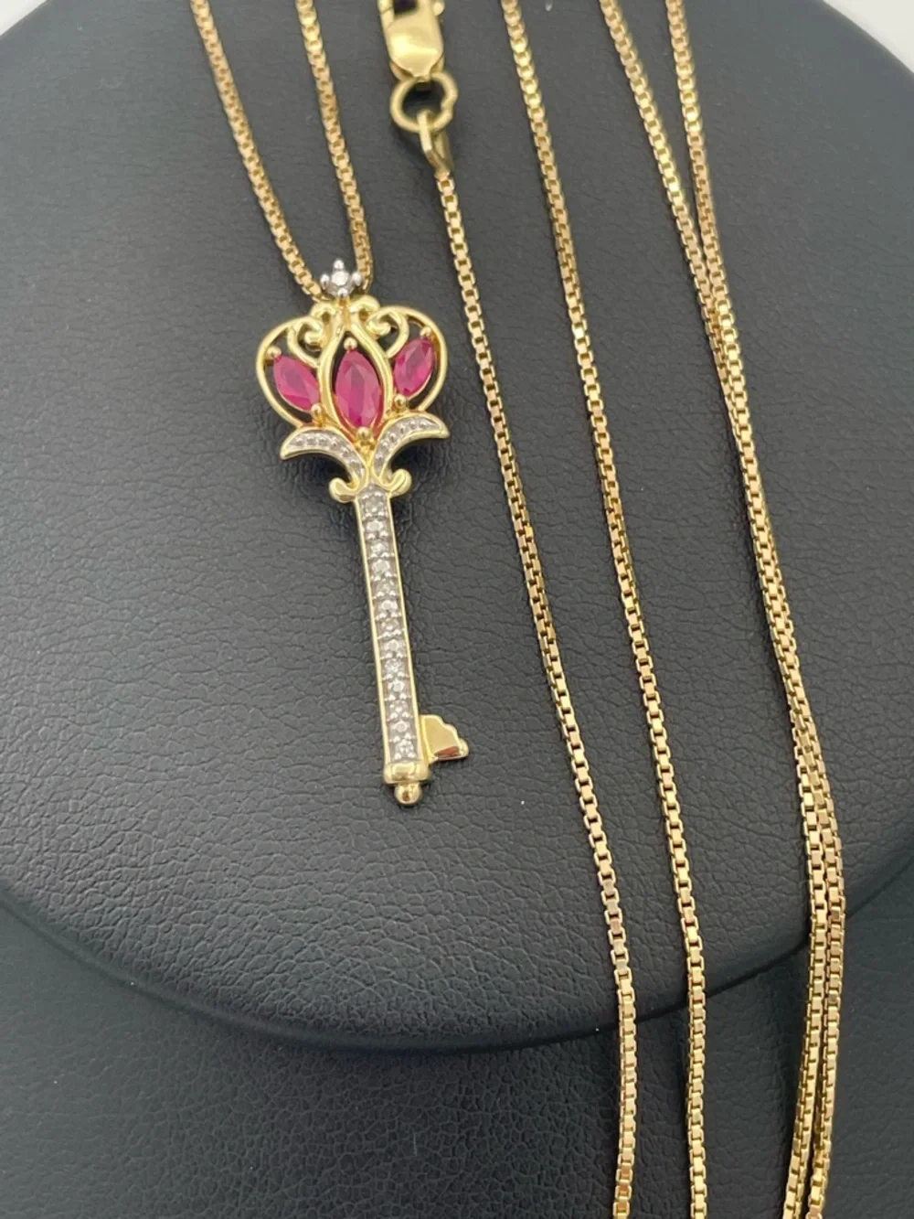 14K Gold Ruby Diamond Key Pendant Necklace 30” Box Chain Authenticated Estate - Picture 6 of 10